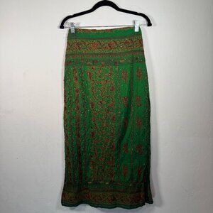 Vintage Emerald Green & Red Floral Embroidered Back Zipper Side Slit Maxi Skirt